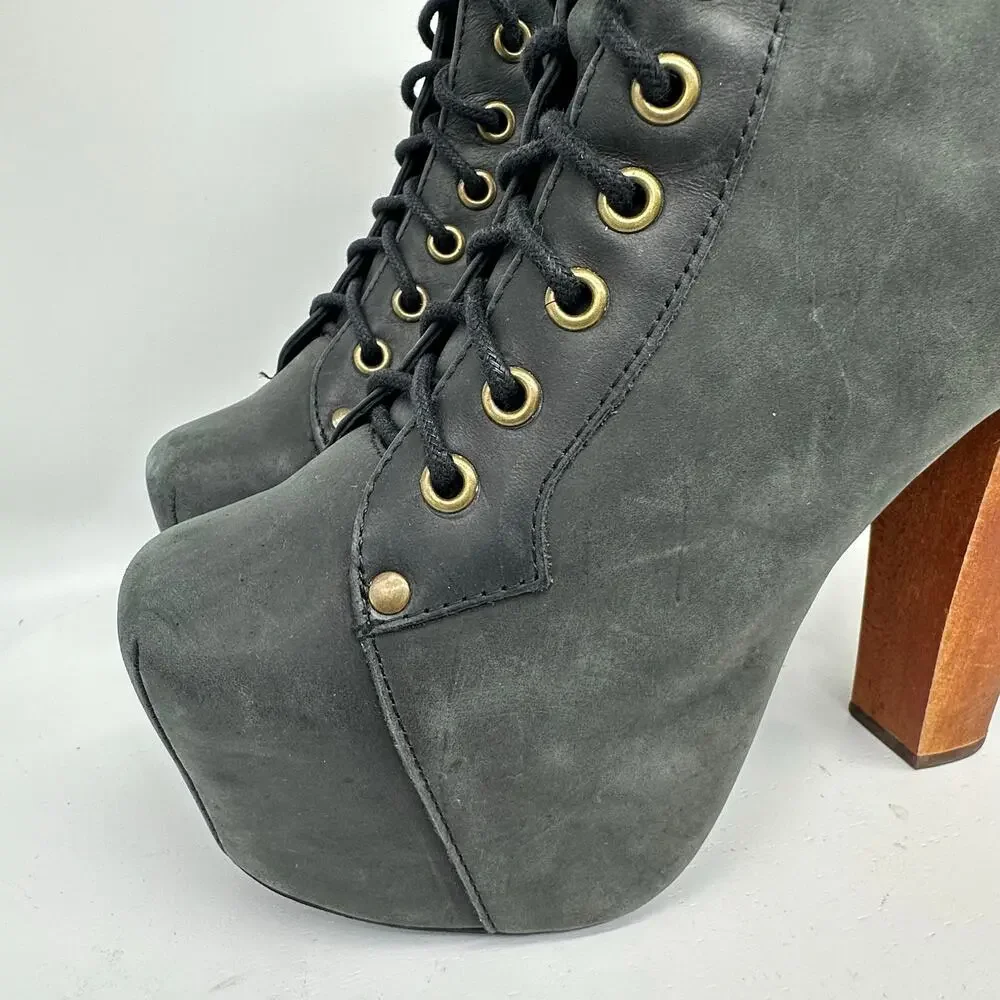 Jeffrey Campbell Lita Chunky Platform Gray Wooden Heel Leather Bootie Size 6.5